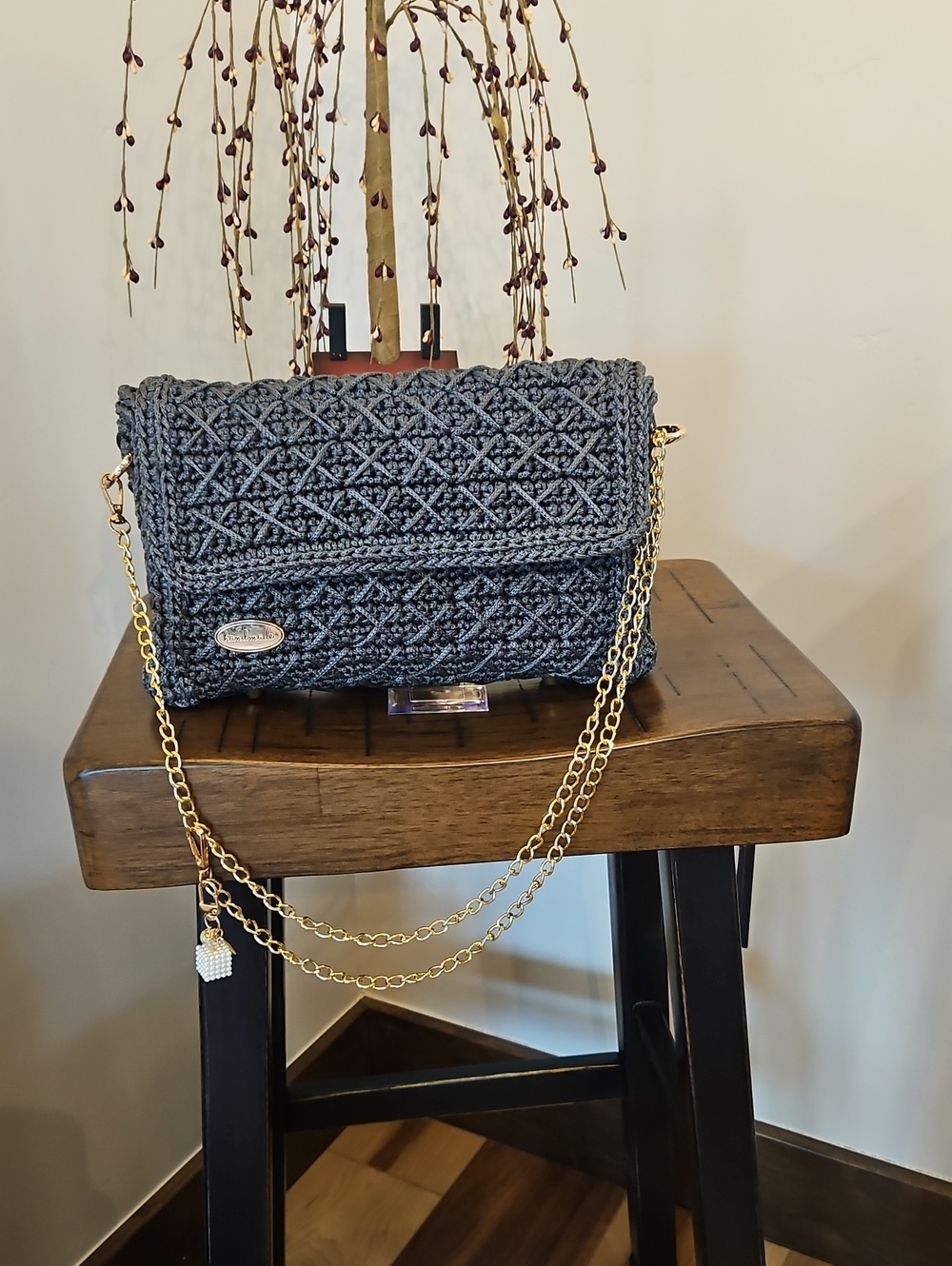 Handwoven Gray Hand Bag with Gold Chain Strap